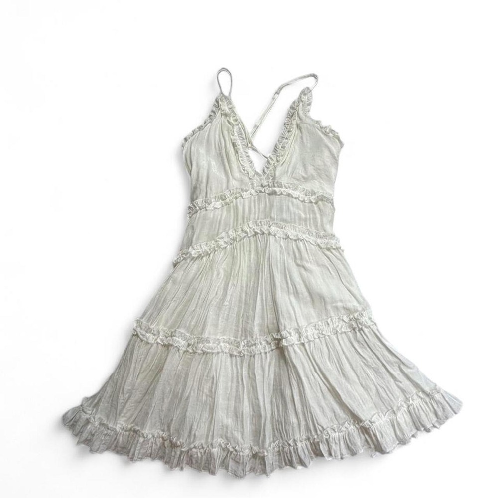 Princess Polly White Ruffle Tiered Crinkle Strappy Lace Up Mini Dress